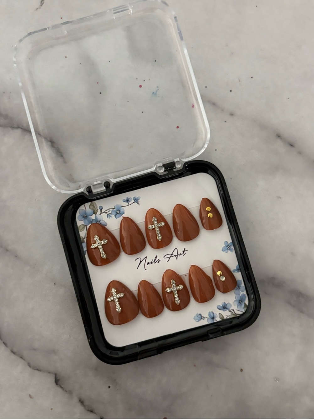 Brown Rhinestone Cross Press-On Nail Set